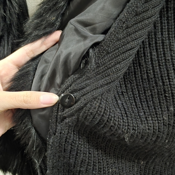 Guess Los Angeles dark black vintage wool faux fur wrap cardigan with tie - Picture 5 of 7